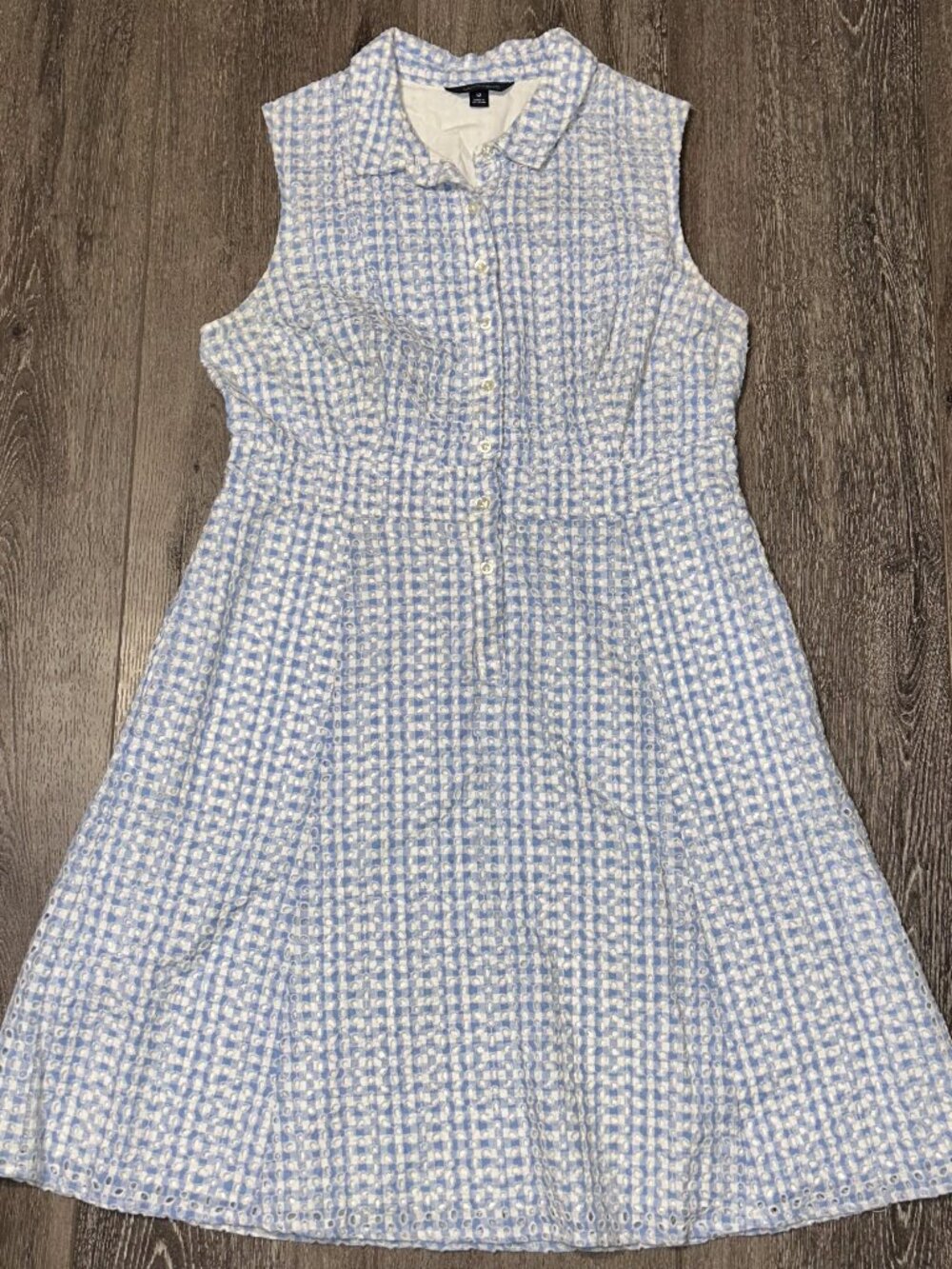 Lands' End Women's Blue/White Lined Sleeveless Collared Shirt Dress Sz 12 Plaid